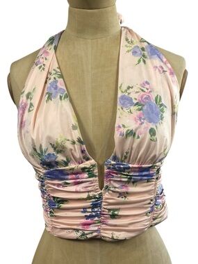 ZARA Floral Halter Top XL Pink Crop New Open Back Feminine Delicate Summer